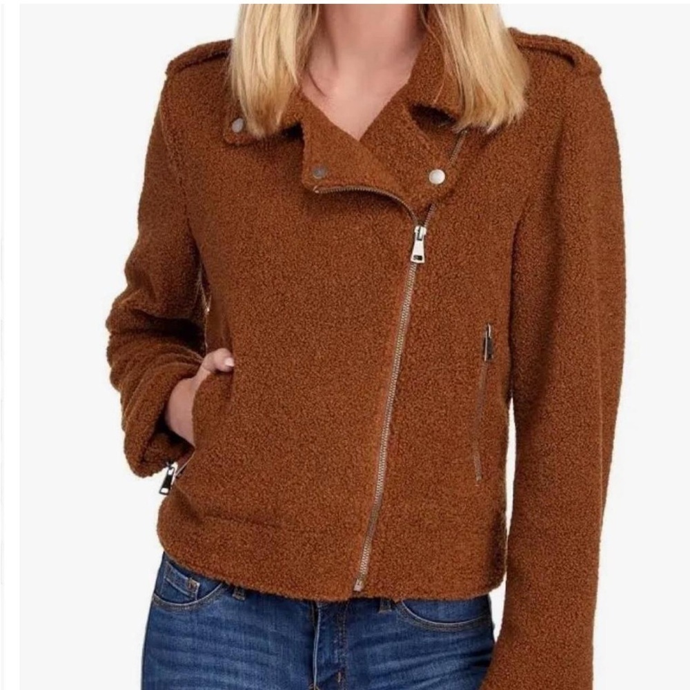 Max Studio Faux Shearling Zip Moto Jacket Size Large